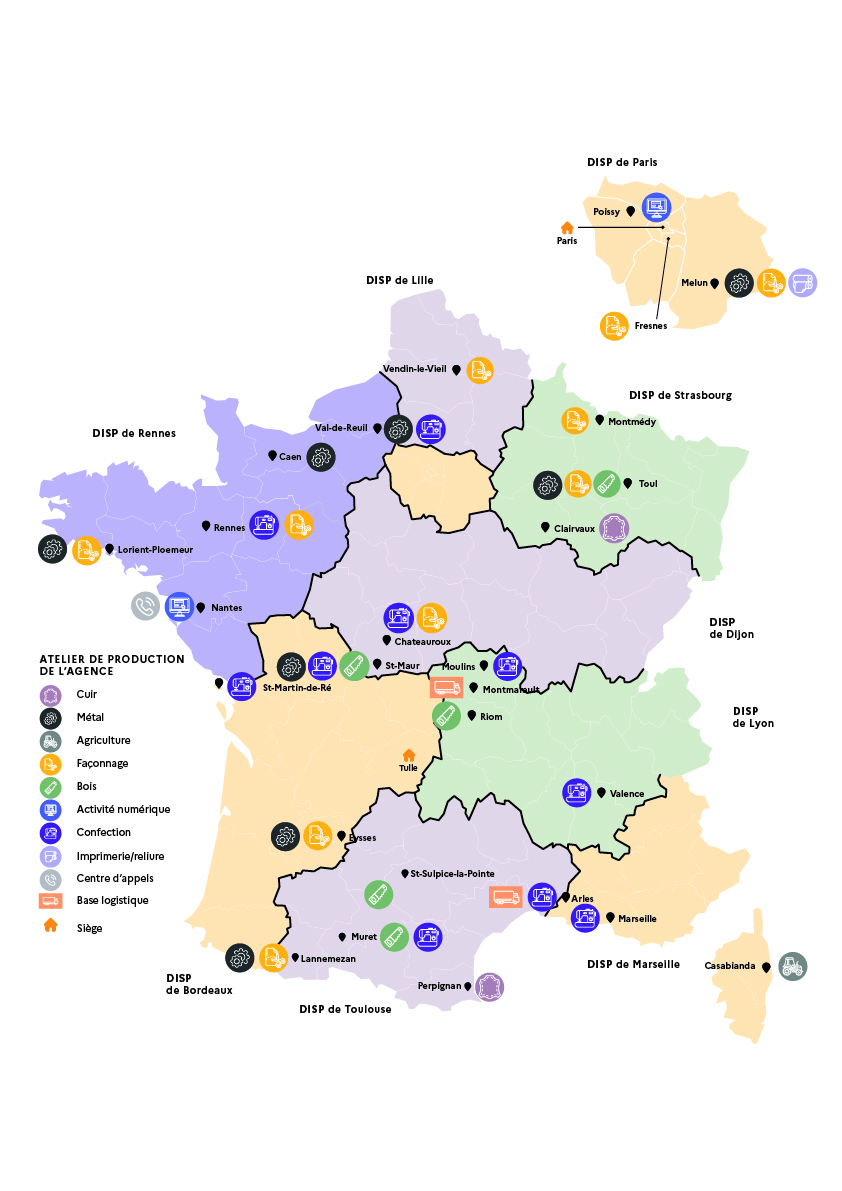 Une carte de France où sont situés les diférrents ateliers de productions